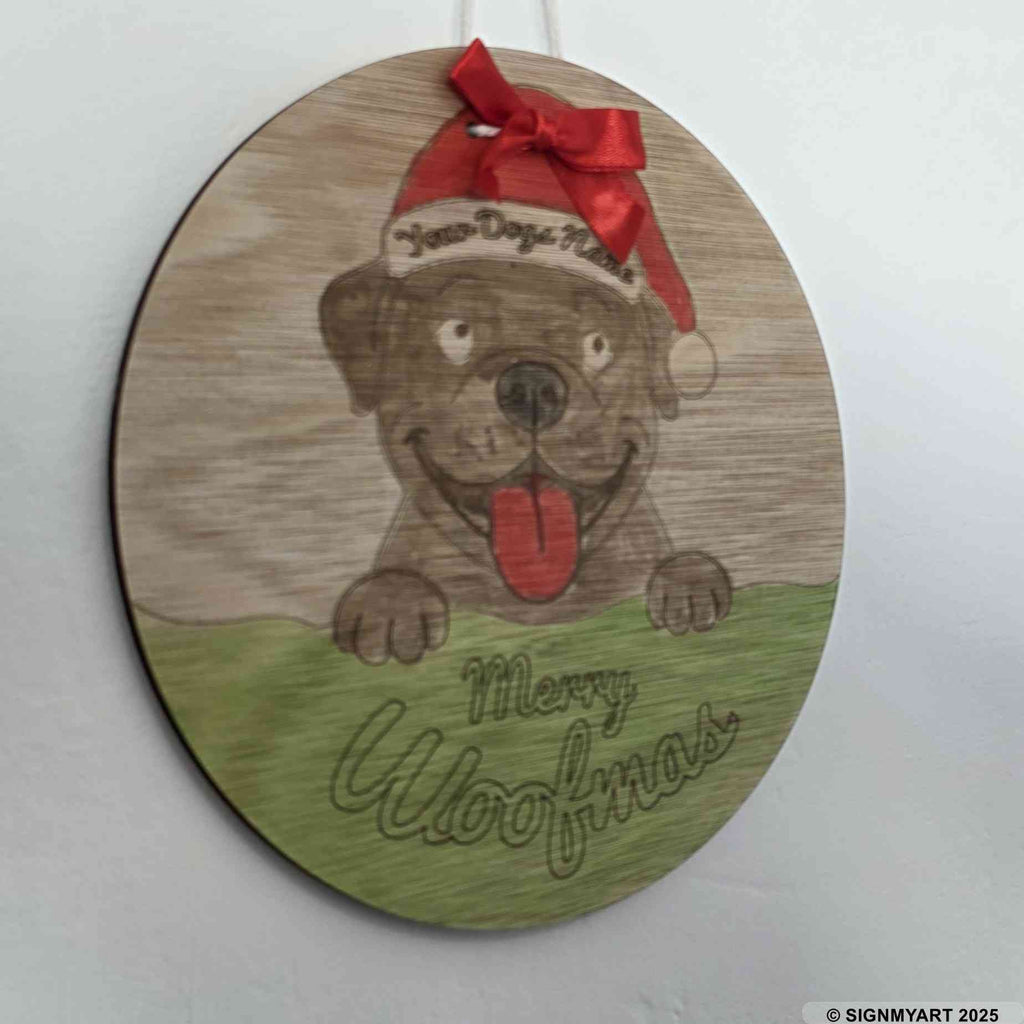 Personalised Merry Woofmas Bully Sign – Custom Dog Name Christmas Bauble Plaque Decoration
