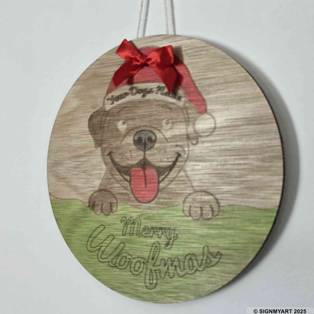 Personalised Merry Woofmas Bully Sign – Custom Dog Name Christmas Bauble Plaque Decoration
