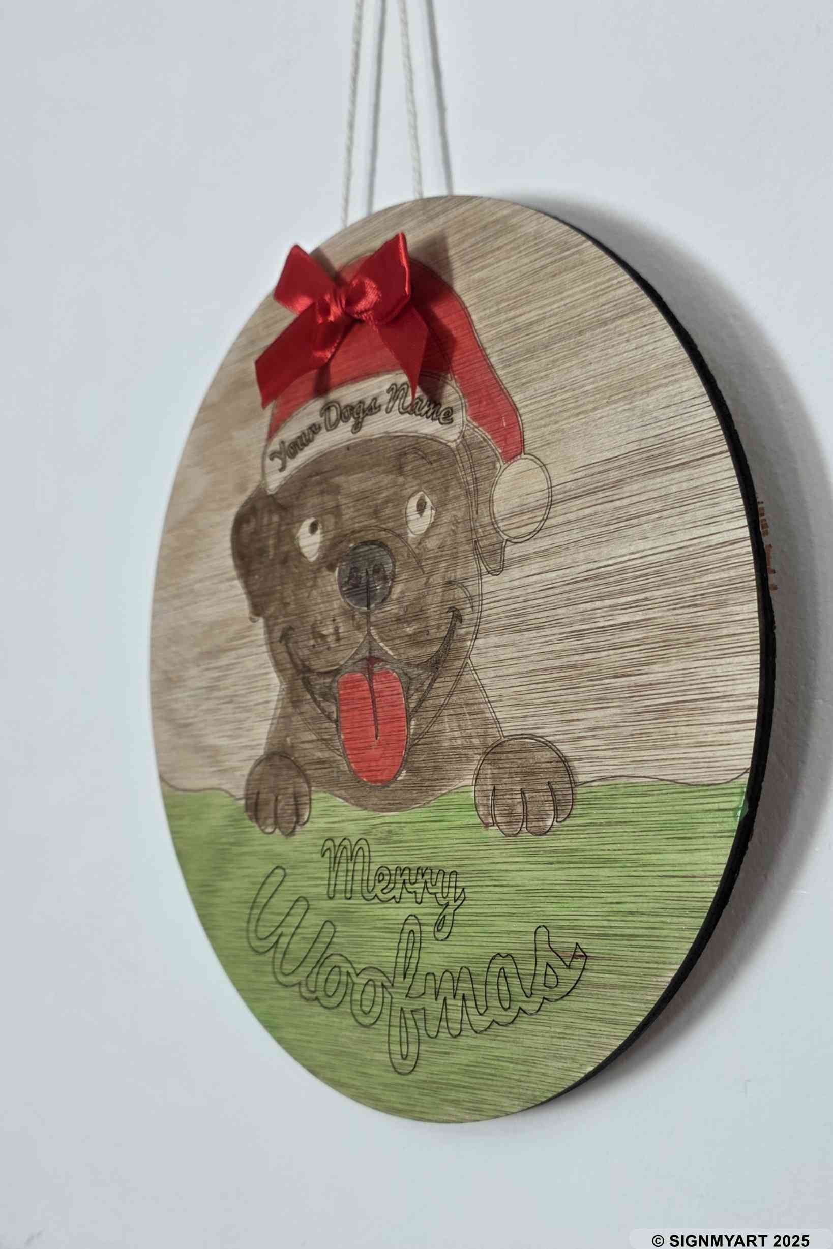Personalised Merry Woofmas Bully Sign – Custom Dog Name Christmas Bauble Plaque Decoration