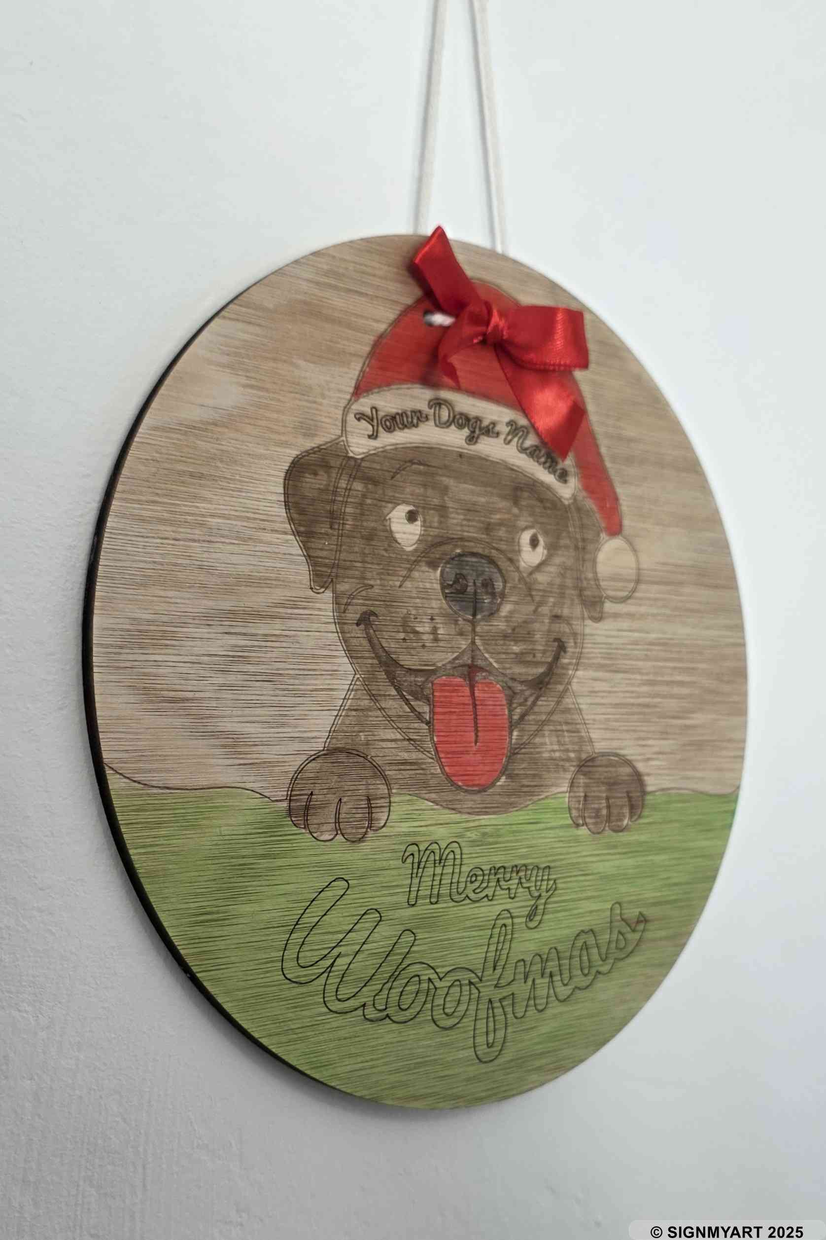 Personalised Merry Woofmas Bully Sign – Custom Dog Name Christmas Bauble Plaque Decoration