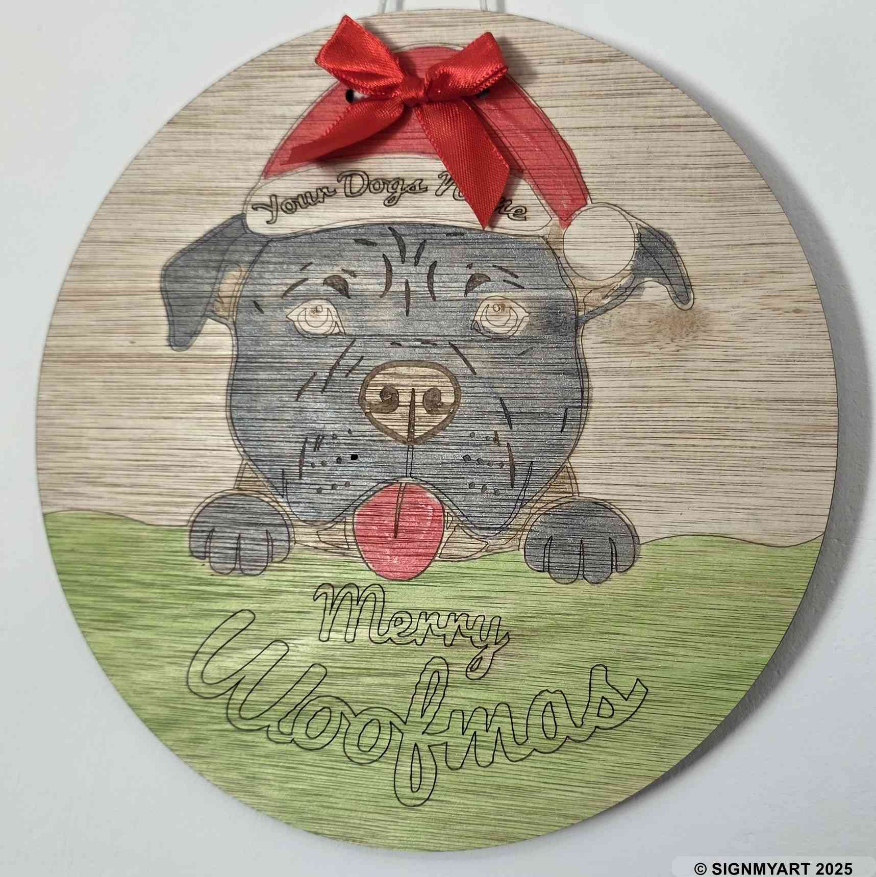 Personalised Merry Woofmas XL Bully Sign – Custom Dog Name Christmas Bauble Plaque Decoration