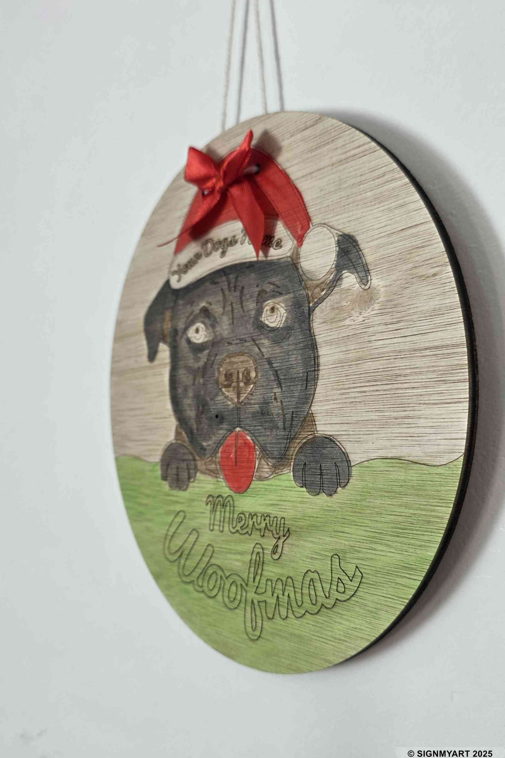 Personalised Merry Woofmas XL Bully Sign – Custom Dog Name Christmas Bauble Plaque Decoration