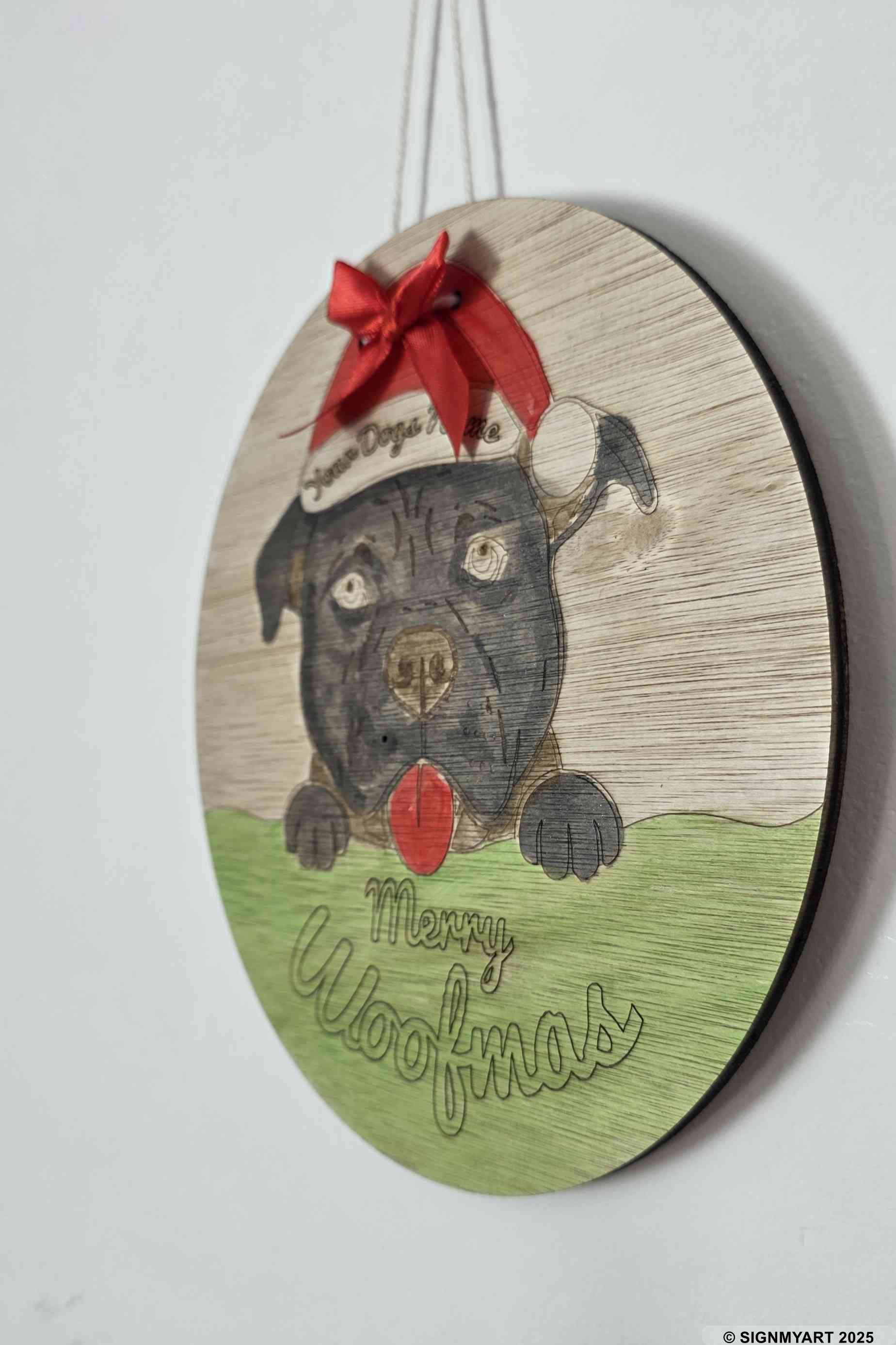 Personalised Merry Woofmas XL Bully Sign – Custom Dog Name Christmas Bauble Plaque Decoration