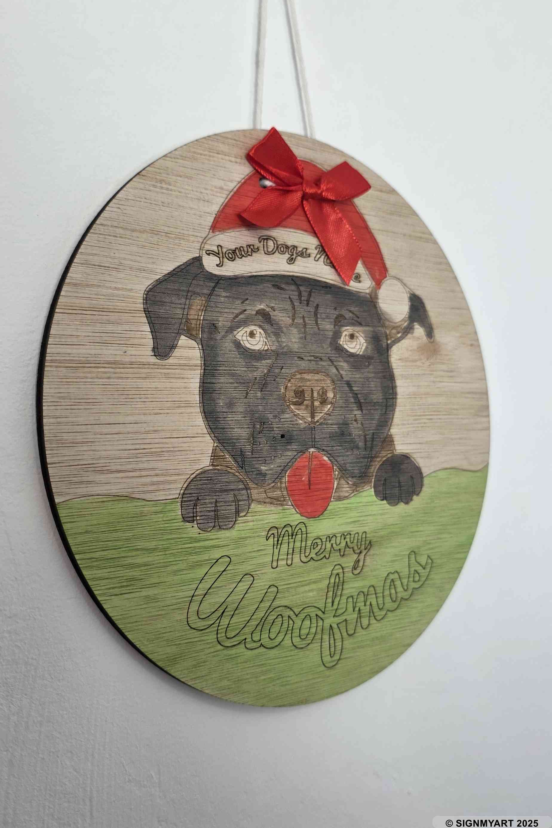 Personalised Merry Woofmas XL Bully Sign – Custom Dog Name Christmas Bauble Plaque Decoration
