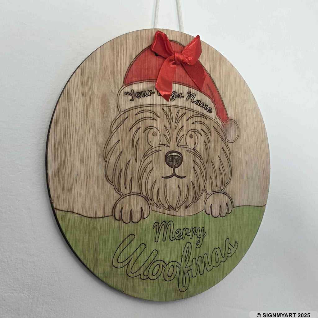 Personalised Merry Woofmas Yorkshire Terrier Sign – Custom Dog Name Christmas Bauble Plaque Decoration