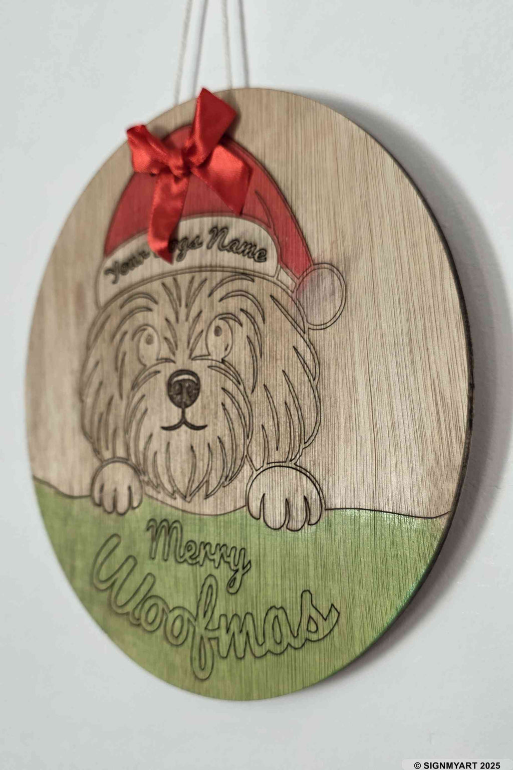 Personalised Merry Woofmas Yorkshire Terrier Sign – Custom Dog Name Christmas Bauble Plaque Decoration