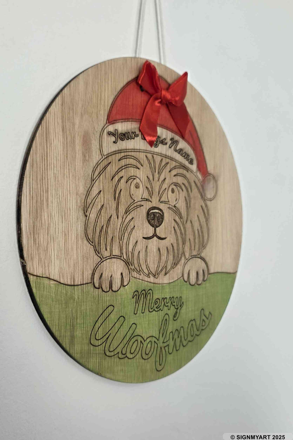 Personalised Merry Woofmas Yorkshire Terrier Sign – Custom Dog Name Christmas Bauble Plaque Decoration