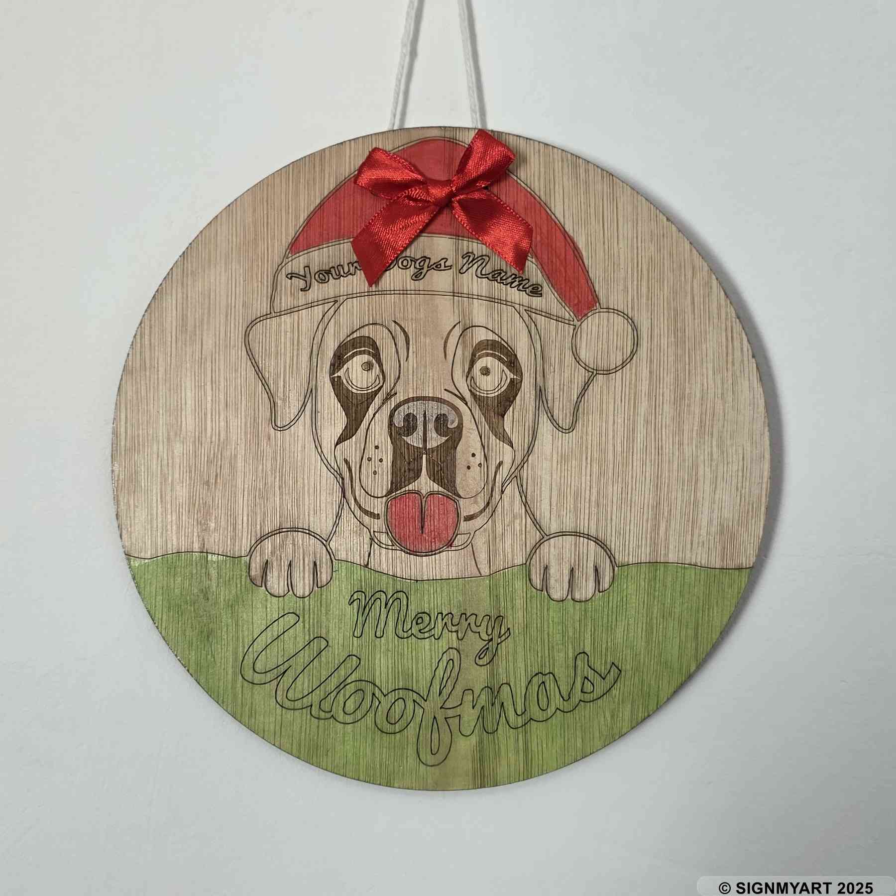 Personalised Merry Woofmas Boxer Sign – Custom Dog Name Christmas Bauble Plaque Decoration