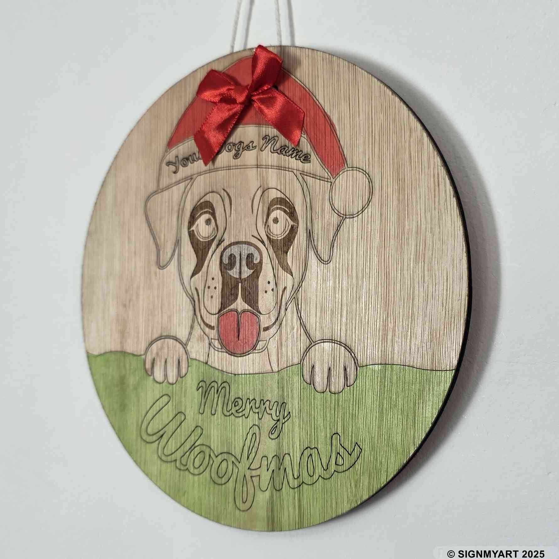 Personalised Merry Woofmas Boxer Sign – Custom Dog Name Christmas Bauble Plaque Decoration