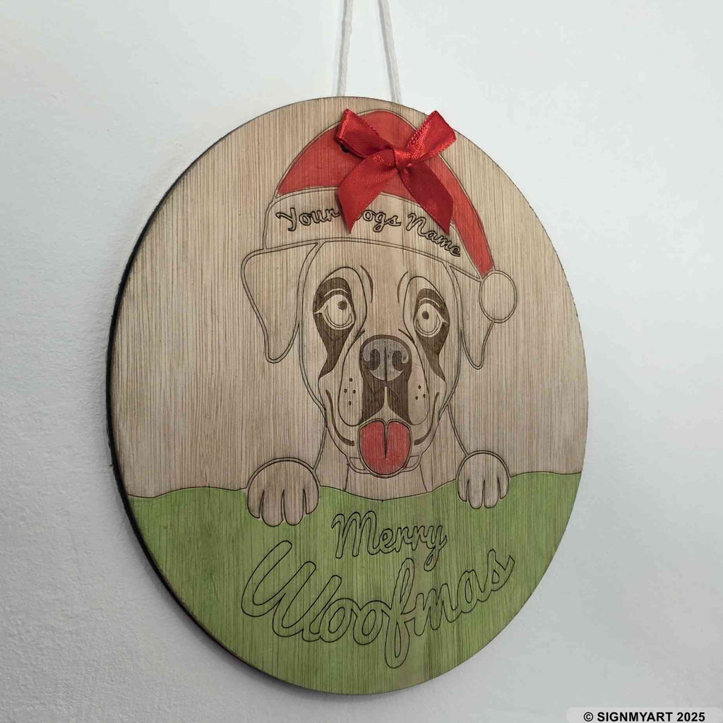 Personalised Merry Woofmas Boxer Sign – Custom Dog Name Christmas Bauble Plaque Decoration