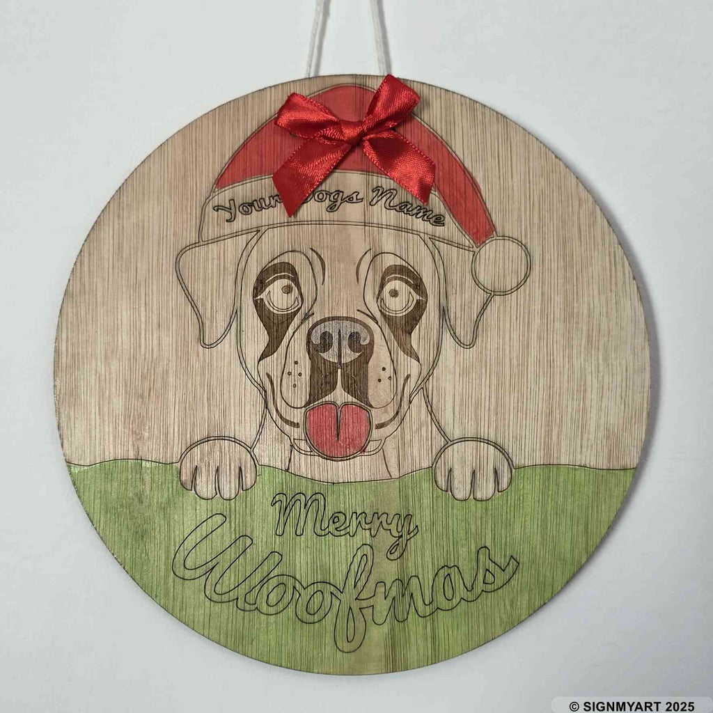 Personalised Merry Woofmas Boxer Sign – Custom Dog Name Christmas Bauble Plaque Decoration
