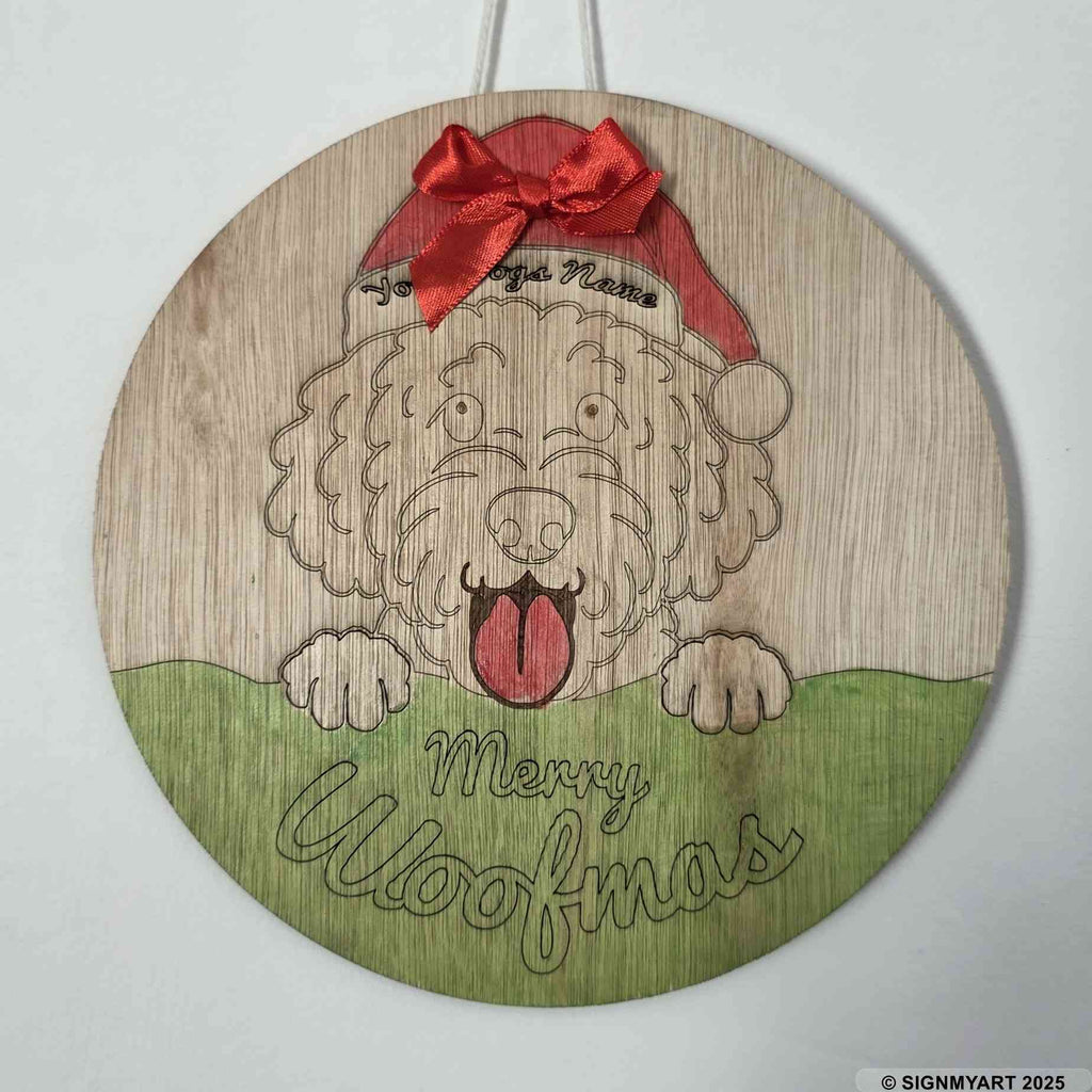 Personalised Merry Woofmas Labradoodle Sign – Custom Dog Name Christmas Bauble Plaque Decoration