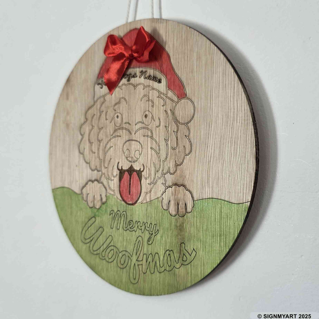 Personalised Merry Woofmas Labradoodle Sign – Custom Dog Name Christmas Bauble Plaque Decoration