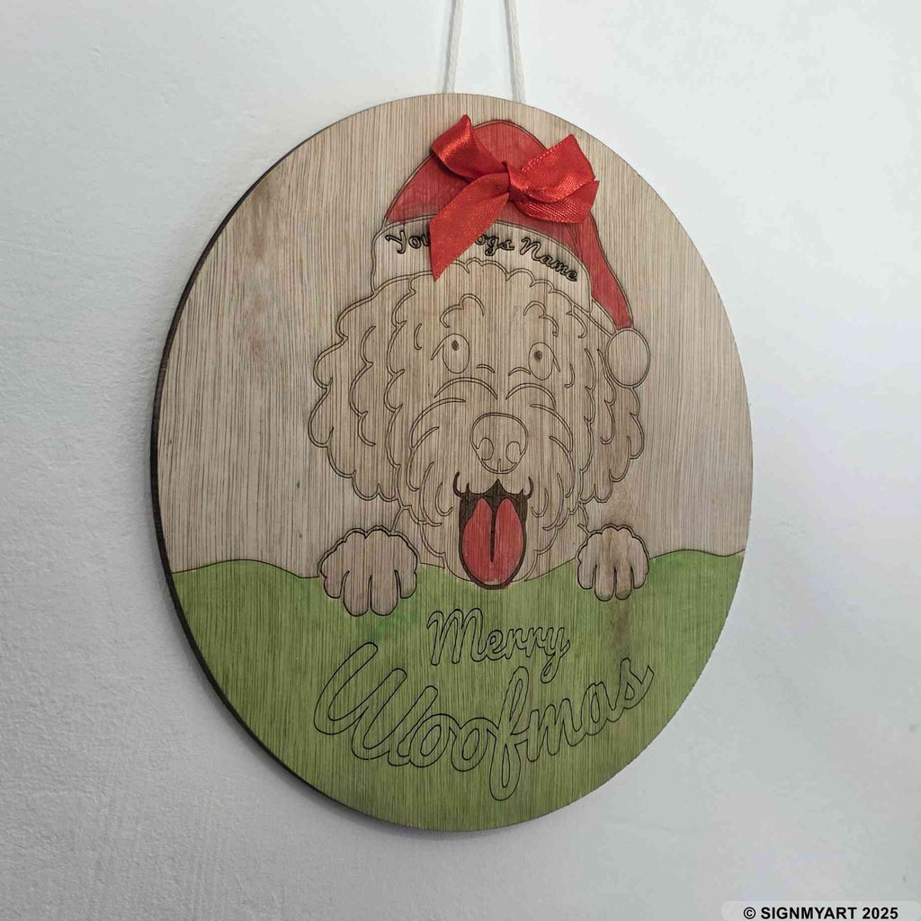 Personalised Merry Woofmas Labradoodle Sign – Custom Dog Name Christmas Bauble Plaque Decoration