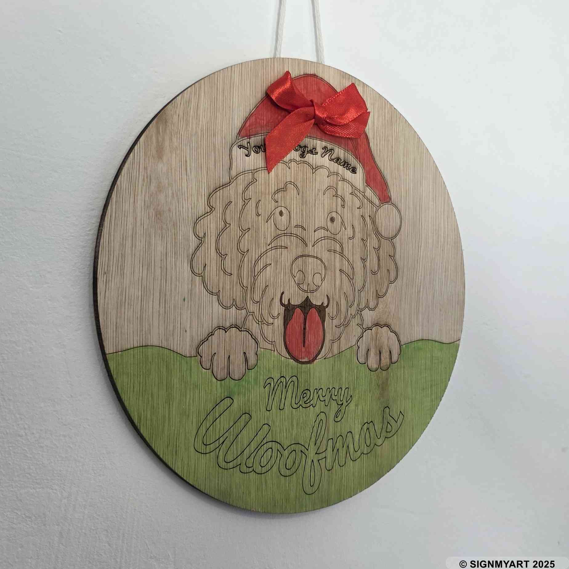 Personalised Merry Woofmas Labradoodle Sign – Custom Dog Name Christmas Bauble Plaque Decoration
