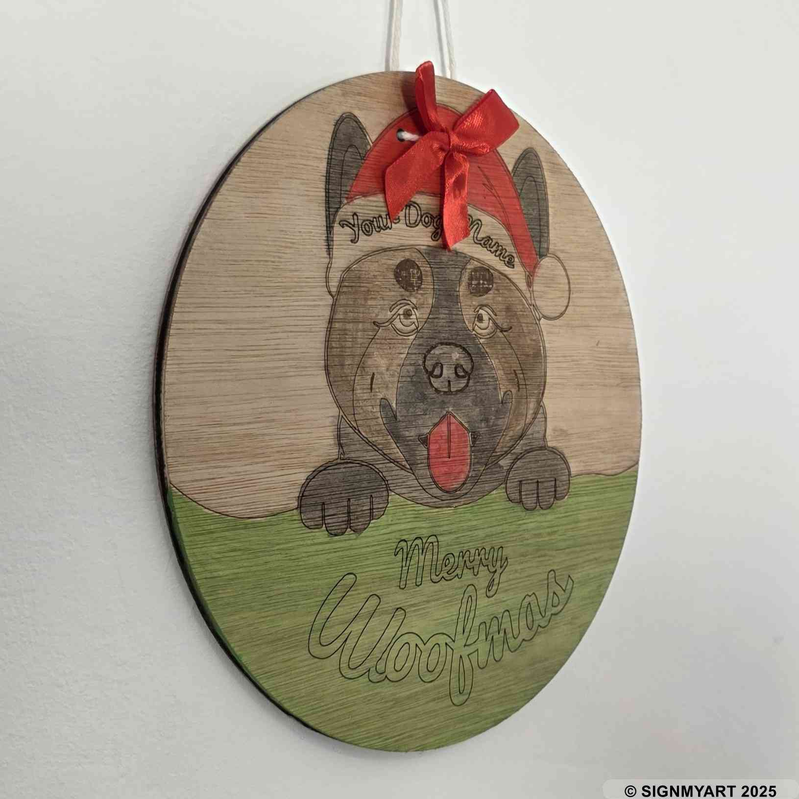 Personalised Merry Woofmas American Akita Sign – Custom Dog Name Christmas Bauble Decoration