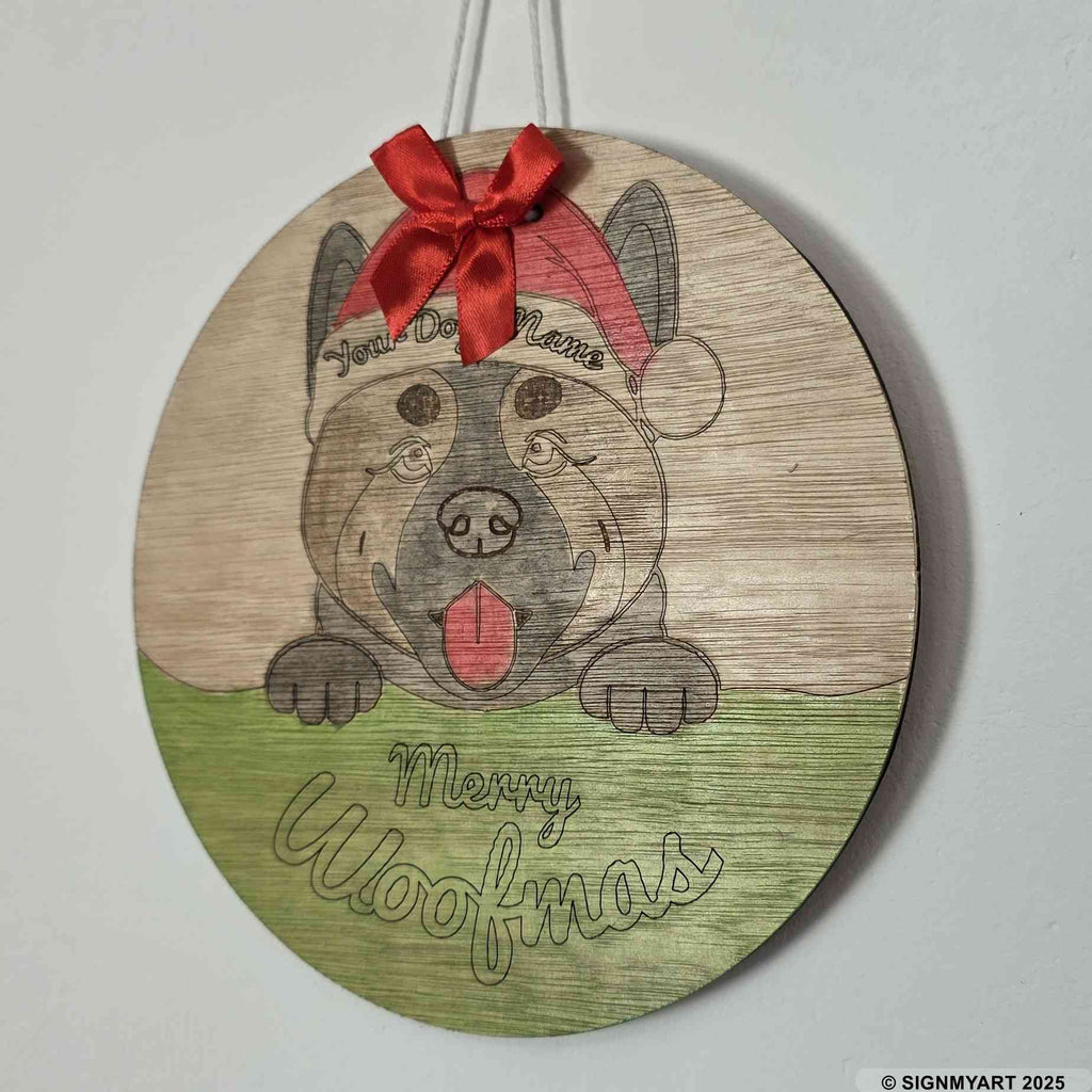 Personalised Merry Woofmas American Akita Sign – Custom Dog Name Christmas Bauble Decoration