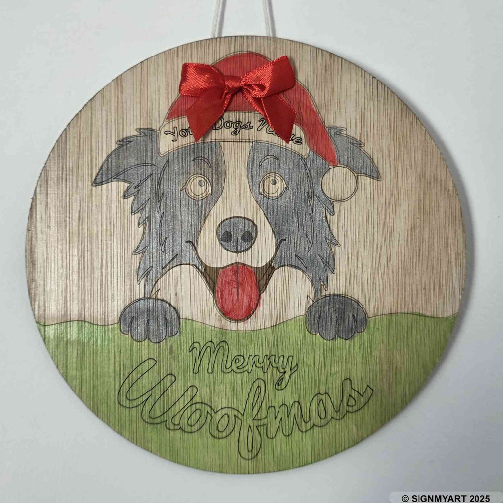 Personalised Merry Woofmas Border Collie Sign – Custom Dog Name Christmas Bauble Plaque Decoration
