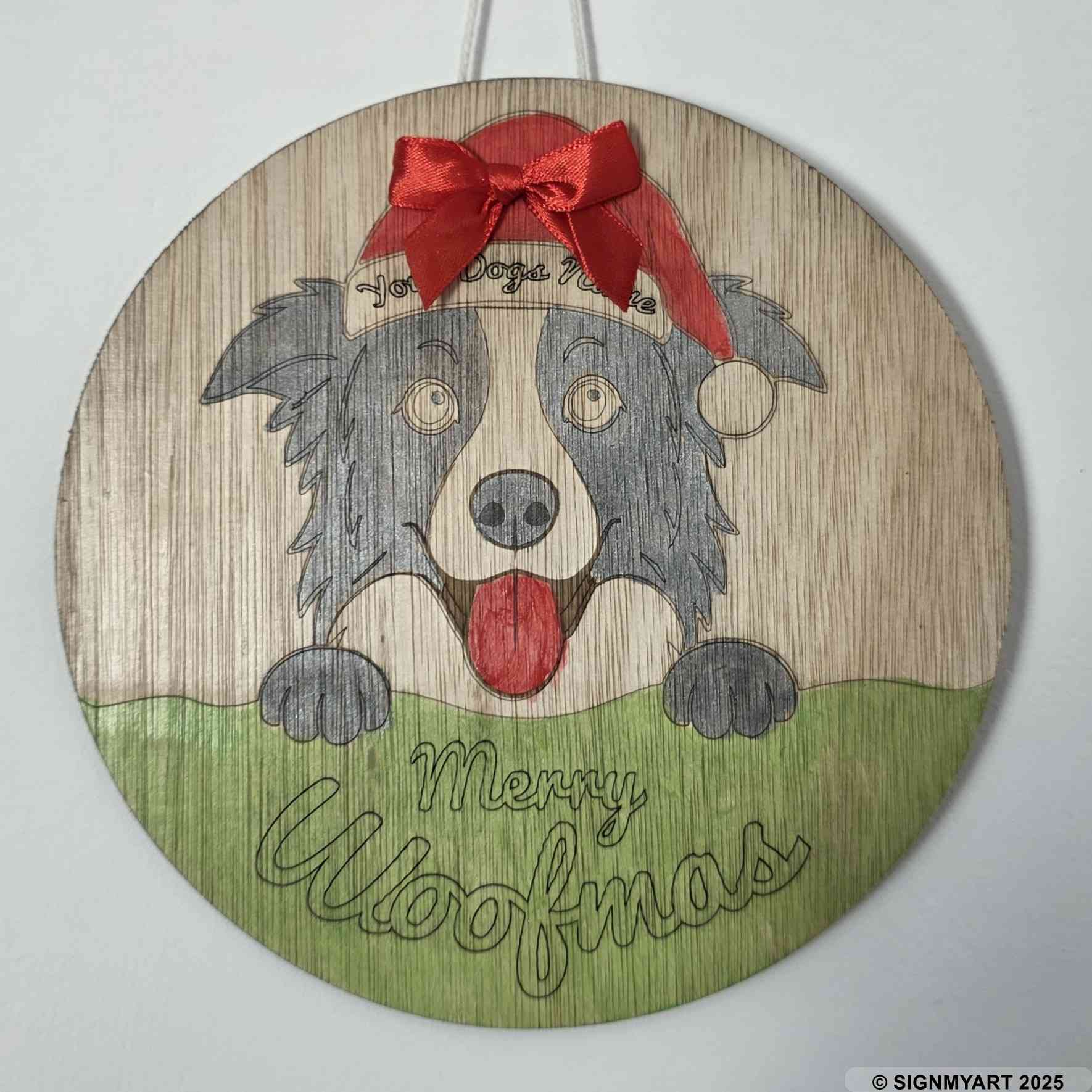 Personalised Merry Woofmas Border Collie Sign – Custom Dog Name Christmas Bauble Plaque Decoration