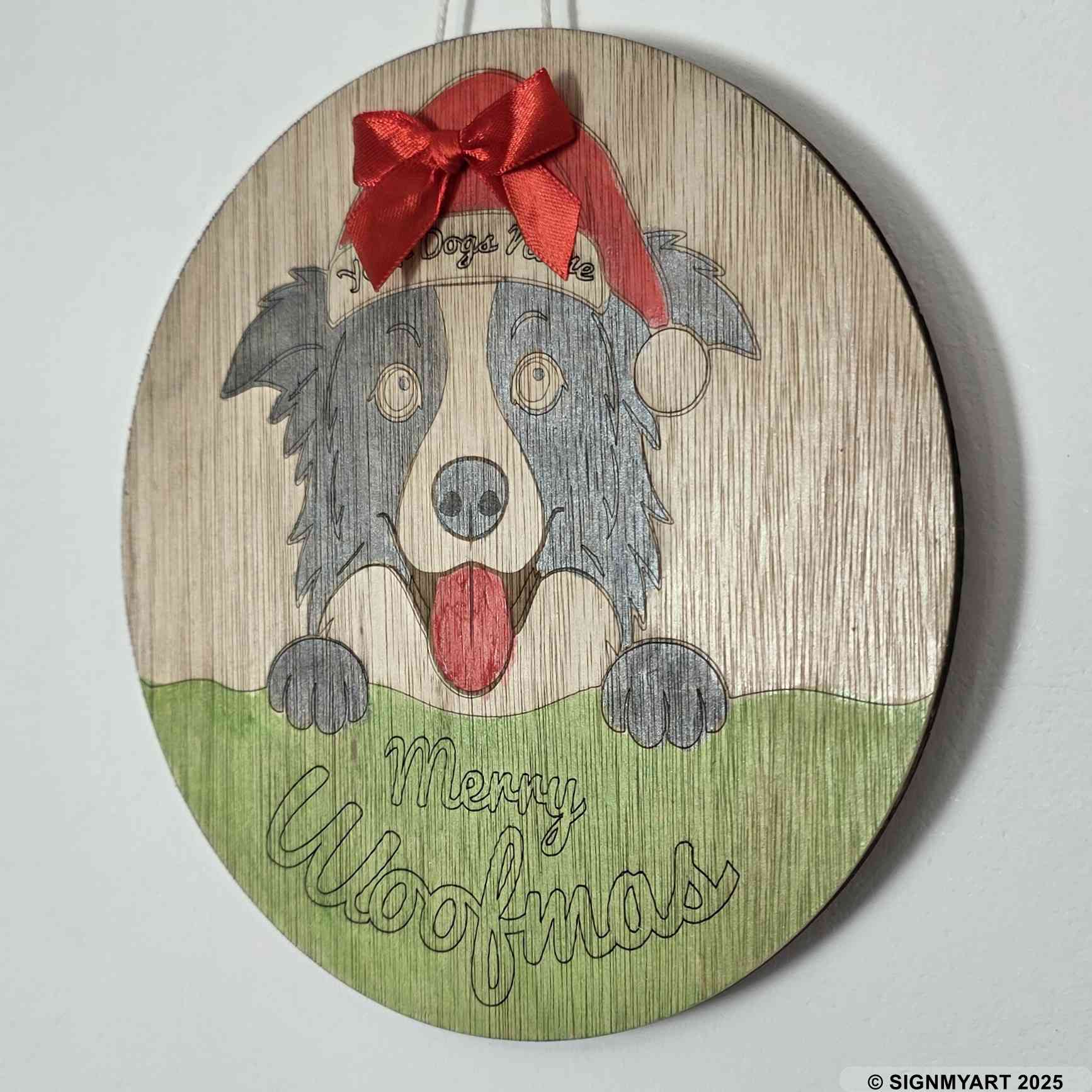 Personalised Merry Woofmas Border Collie Sign – Custom Dog Name Christmas Bauble Plaque Decoration