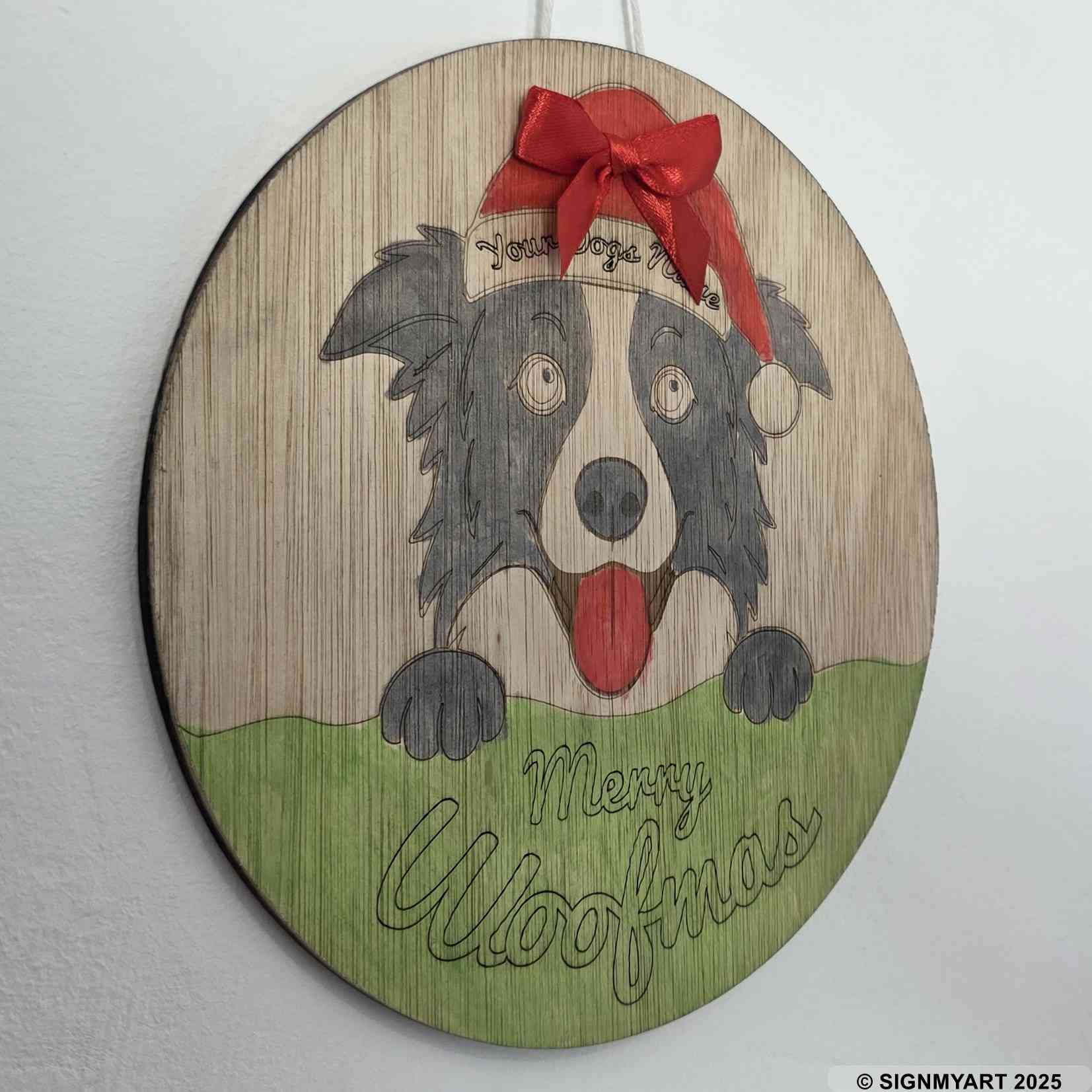 Personalised Merry Woofmas Border Collie Sign – Custom Dog Name Christmas Bauble Plaque Decoration