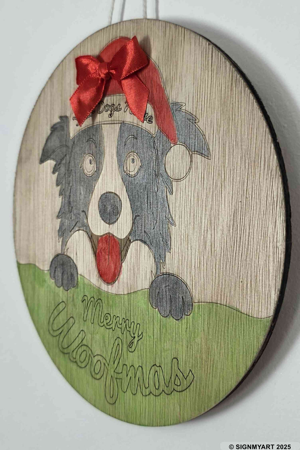 Personalised Merry Woofmas Border Collie Sign – Custom Dog Name Christmas Bauble Plaque Decoration