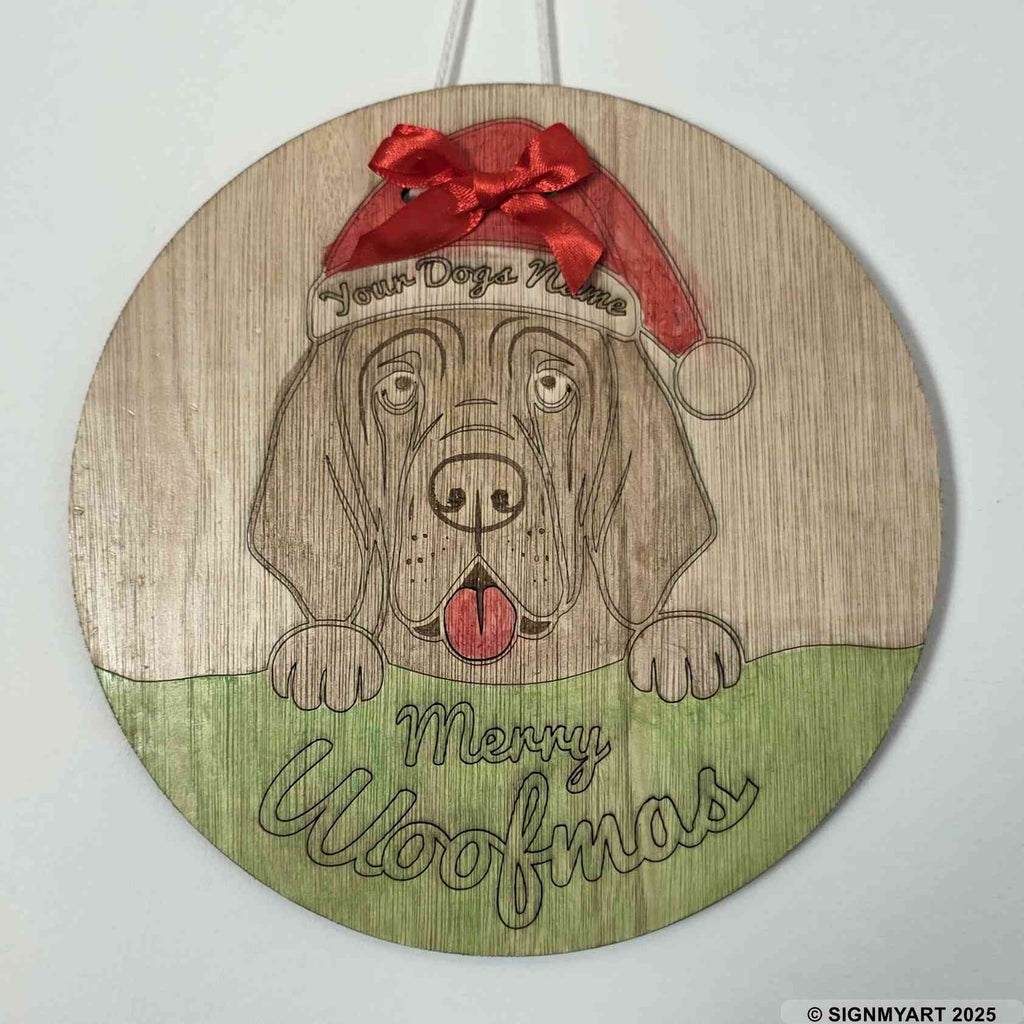 Personalised Merry Woofmas Bloodhound Sign – Custom Dog Name Christmas Bauble Plaque Decoration
