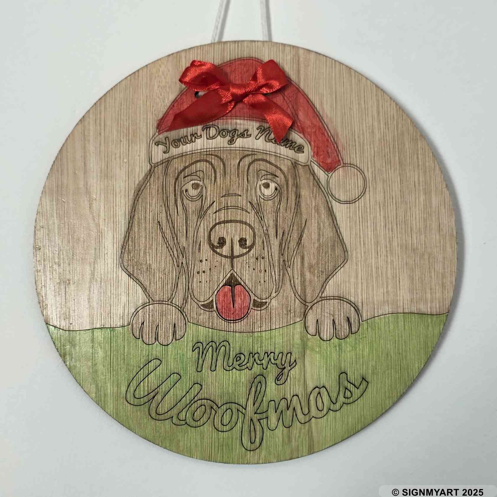 Personalised Merry Woofmas Bloodhound Sign – Custom Dog Name Christmas Bauble Plaque Decoration