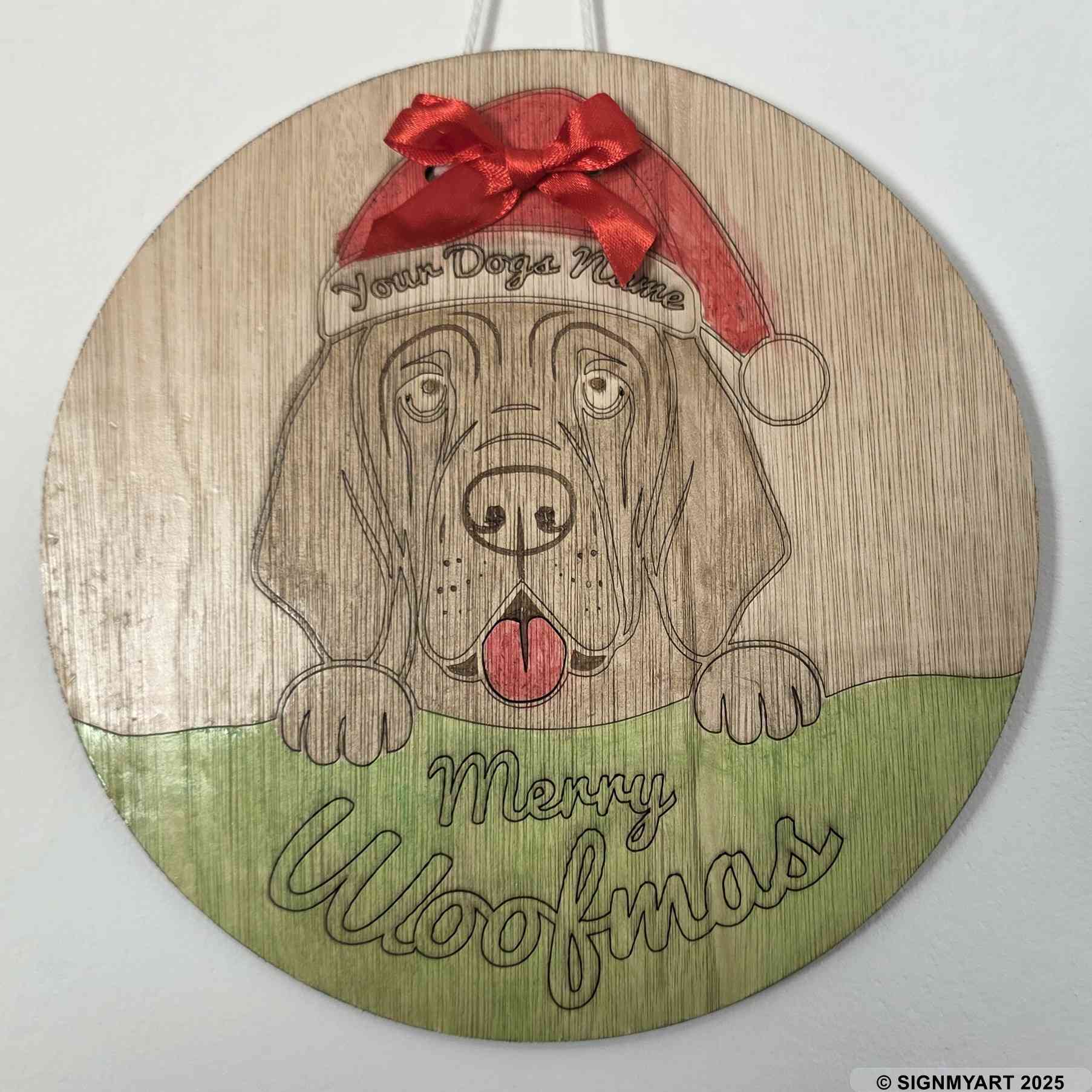 Personalised Merry Woofmas Bloodhound Sign – Custom Dog Name Christmas Bauble Plaque Decoration