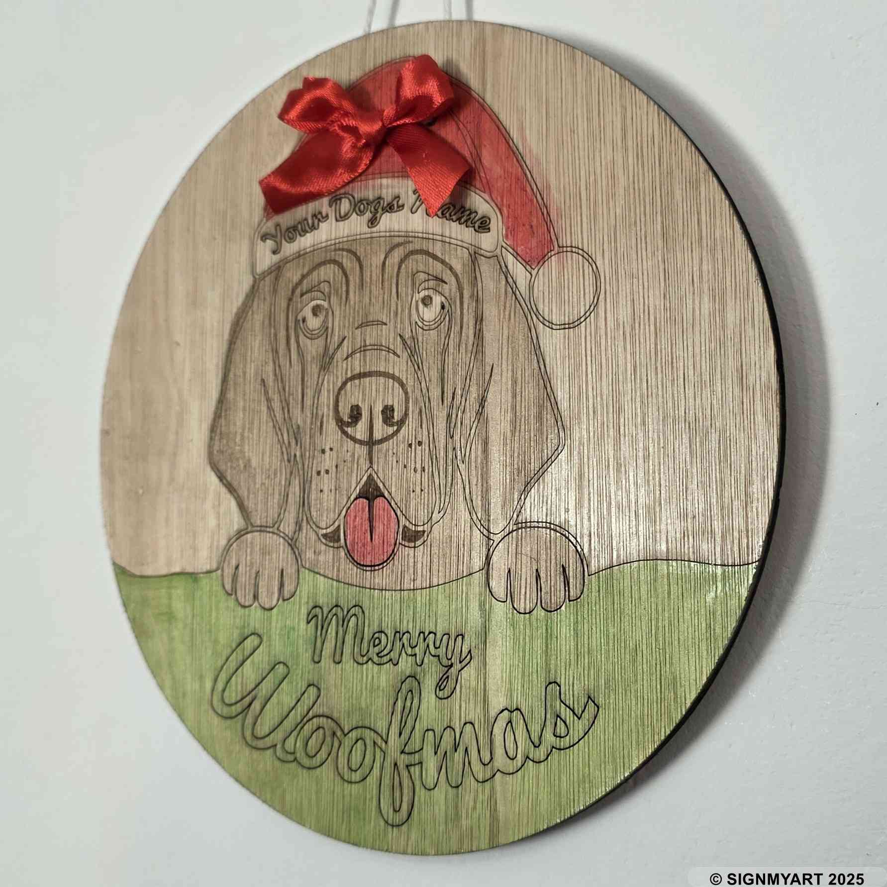 Personalised Merry Woofmas Bloodhound Sign – Custom Dog Name Christmas Bauble Plaque Decoration