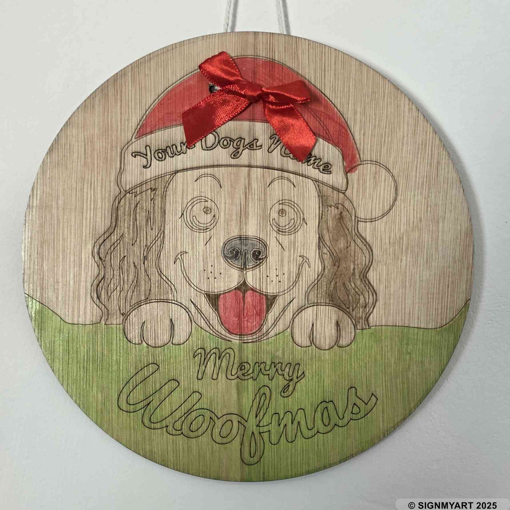 Personalised Merry Woofmas Cocker Spaniel Sign – Custom Dog Name Christmas Bauble Plaque Decoration