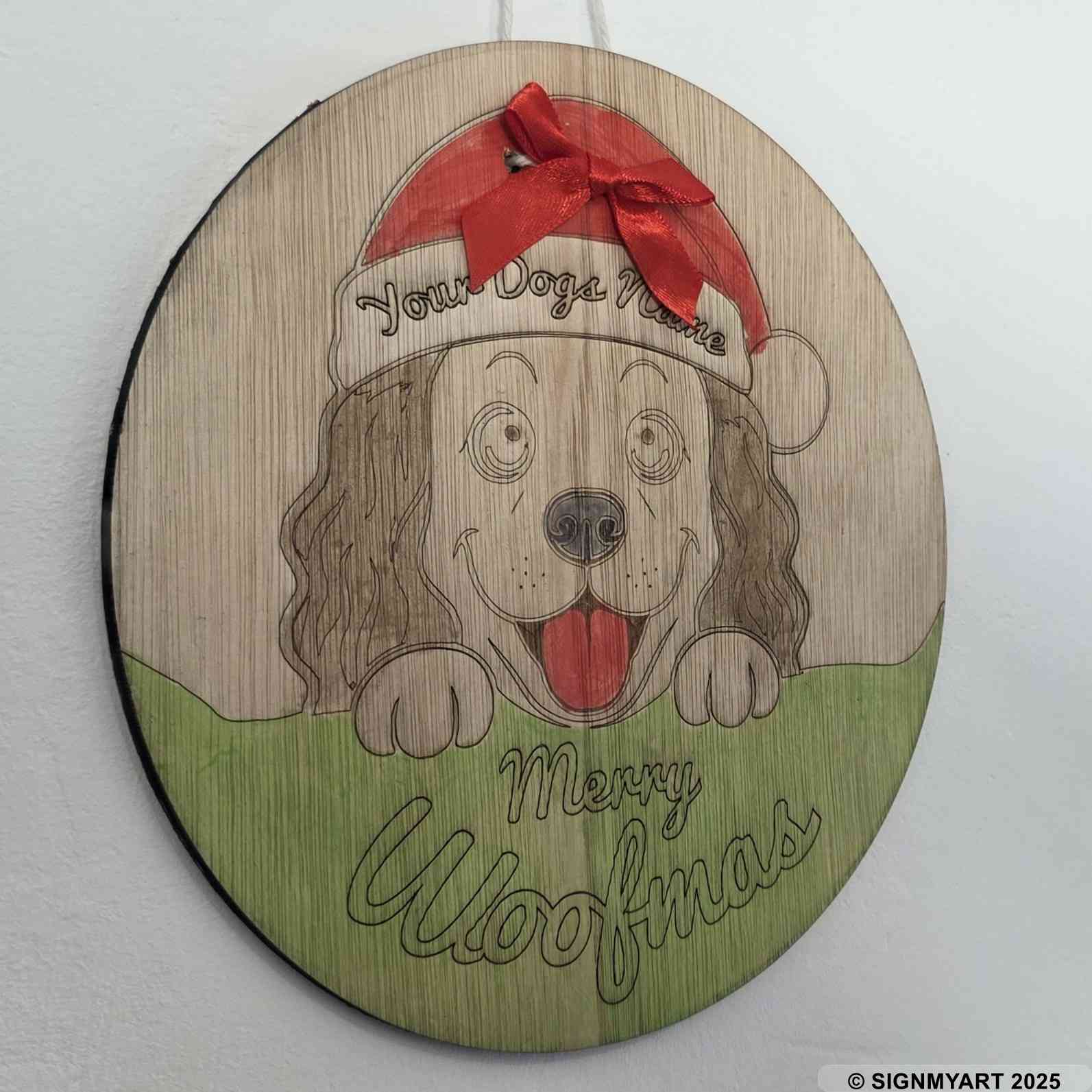 Personalised Merry Woofmas Cocker Spaniel Sign – Custom Dog Name Christmas Bauble Plaque Decoration