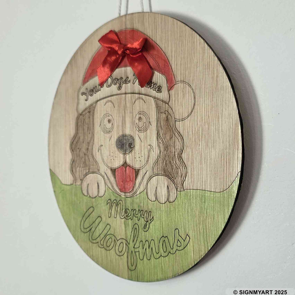 Personalised Merry Woofmas Cocker Spaniel Sign – Custom Dog Name Christmas Bauble Plaque Decoration
