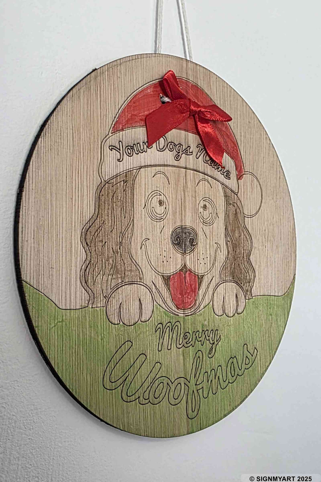 Personalised Merry Woofmas Cocker Spaniel Sign – Custom Dog Name Christmas Bauble Plaque Decoration