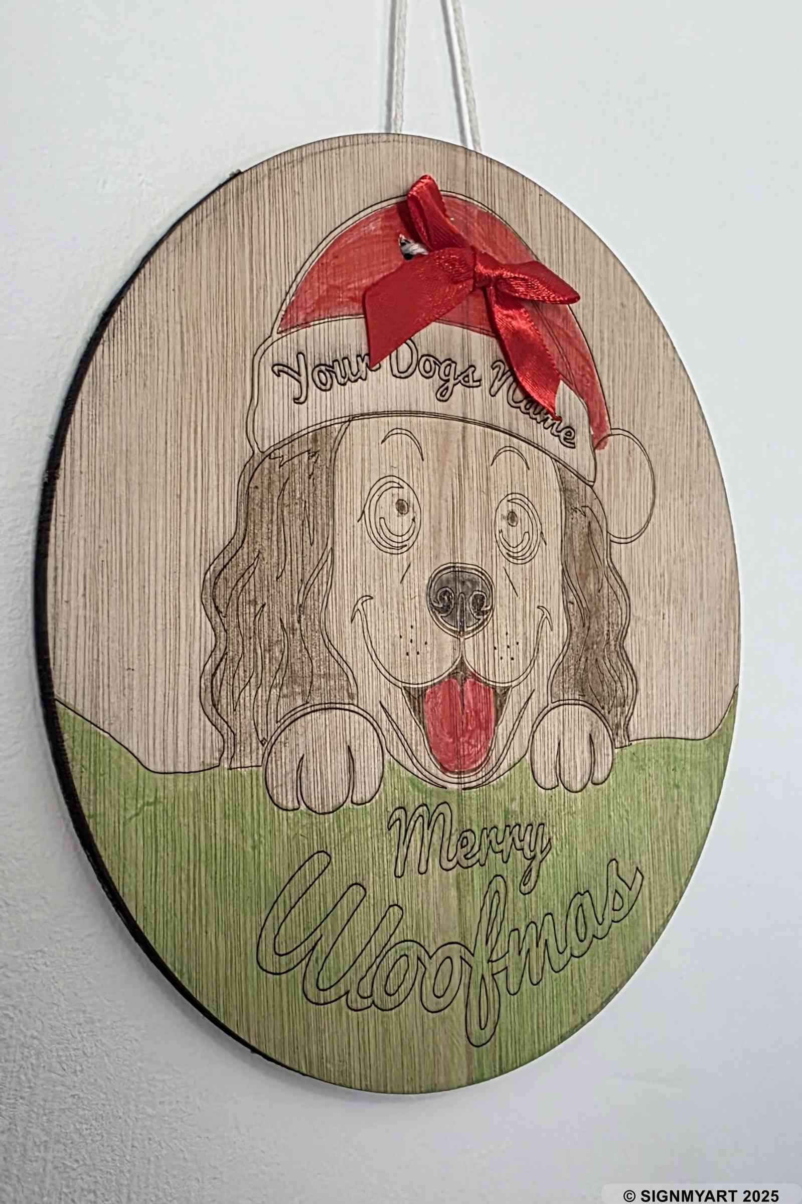 Personalised Merry Woofmas Cocker Spaniel Sign – Custom Dog Name Christmas Bauble Plaque Decoration