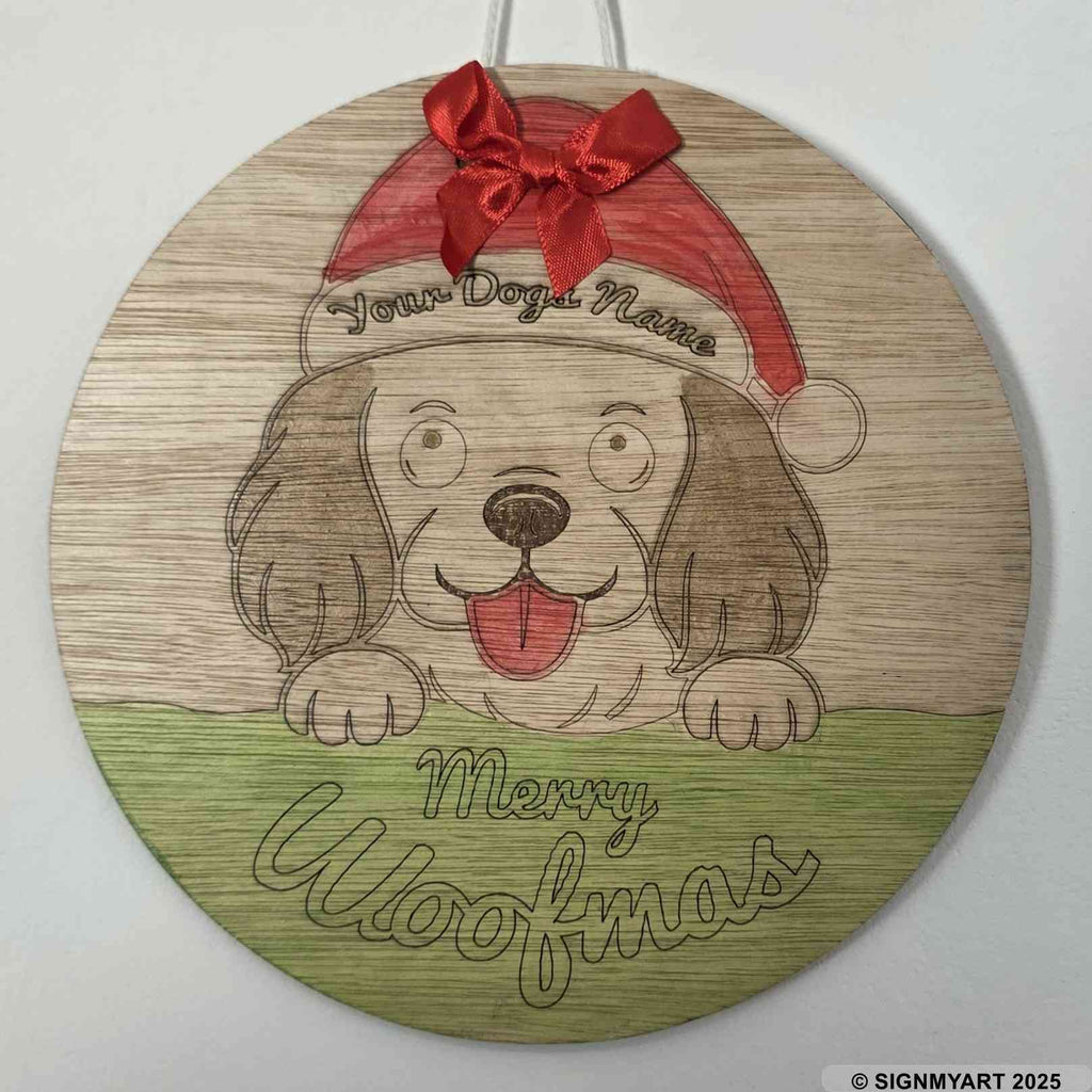 Personalised Merry Woofmas Cavalier King Charles Spaniel Sign – Custom Dog Name Christmas Bauble Plaque Decoration