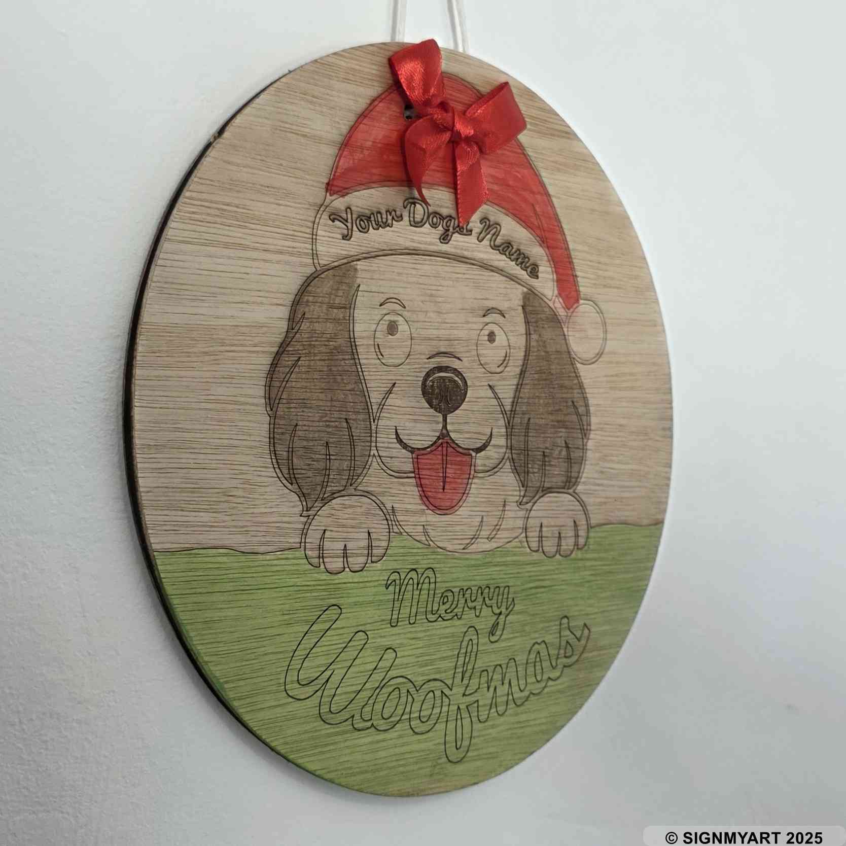 Personalised Merry Woofmas Cavalier King Charles Spaniel Sign – Custom Dog Name Christmas Bauble Plaque Decoration
