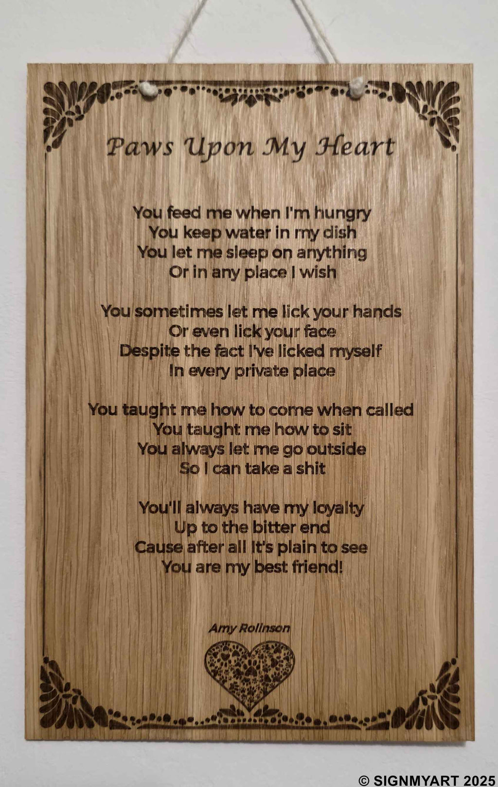Paws Upon My Heart – Original Poem Plaque Oak