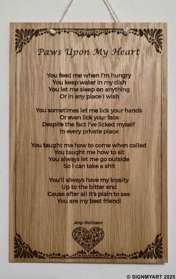 Paws Upon My Heart – Original Poem Plaque Oak