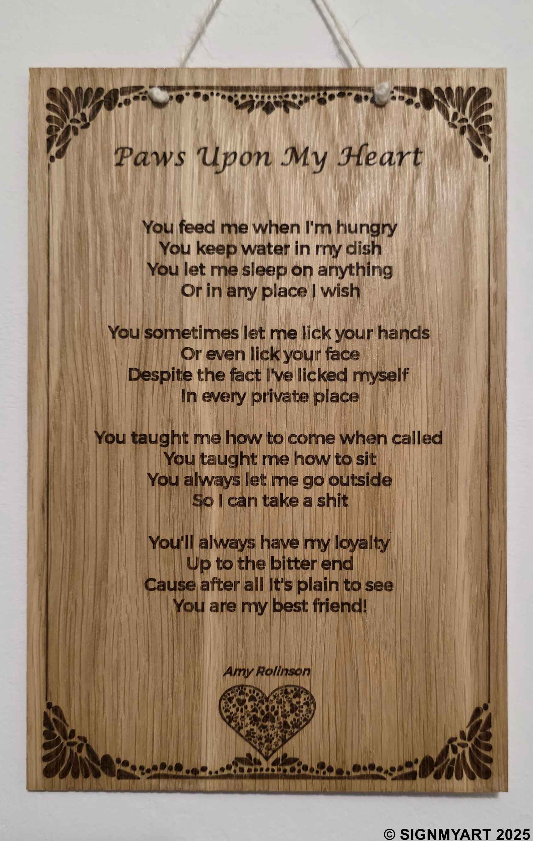 Paws Upon My Heart Clean – Family Friendly Poem Plaque Oak