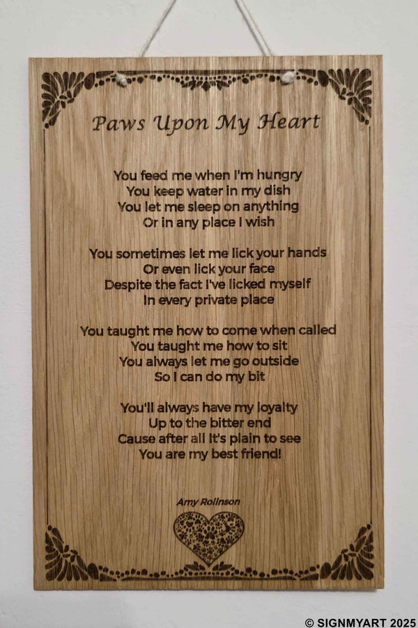 Paws Upon My Heart Clean – Family Friendly Poem Plaque Oak