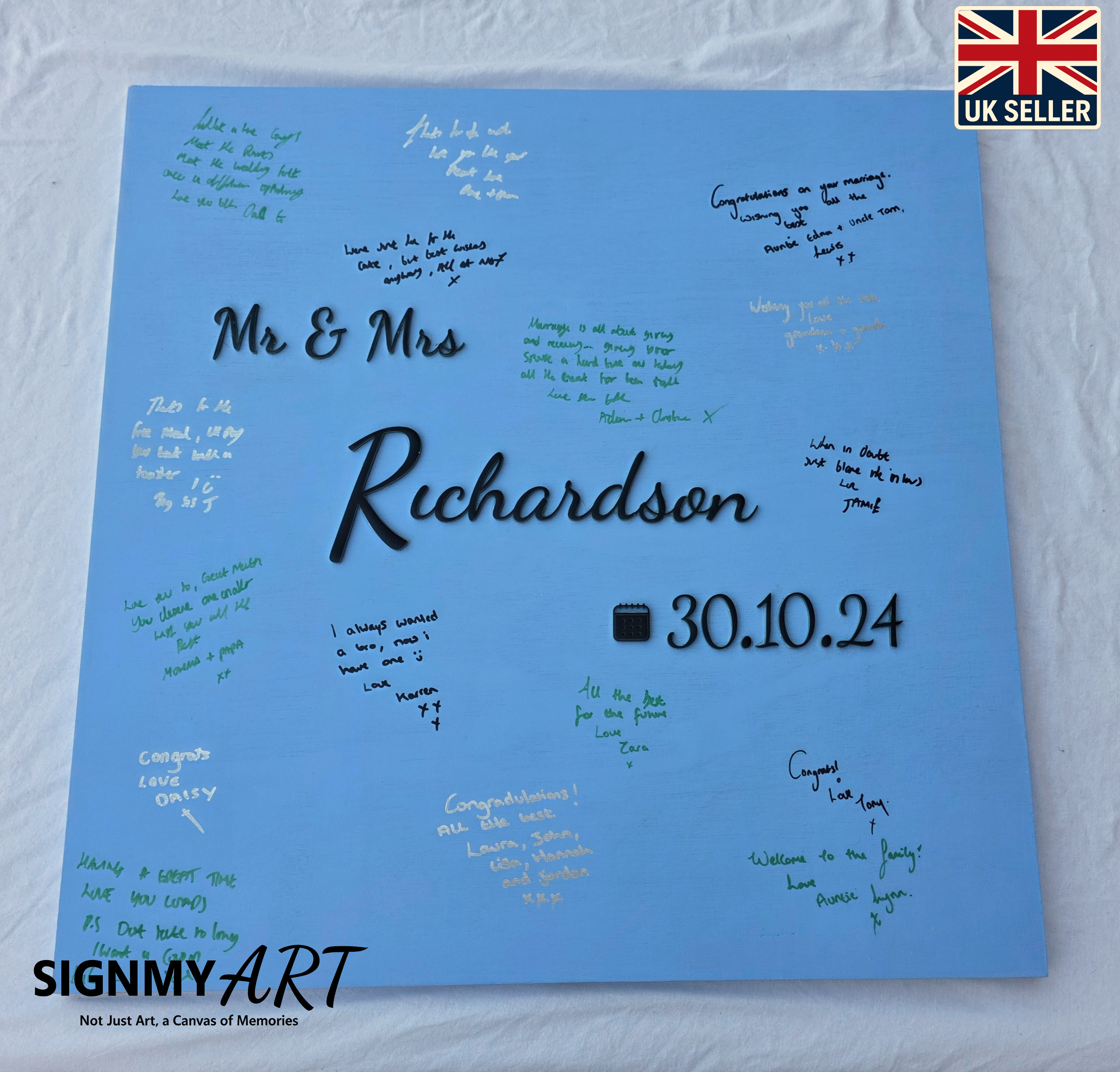 Personalised Wedding Guest Book Sign, Blue, lilac, Pink, Purple Custom Colours to Match Theme, Wooden Guestbook Alternative, Mr & Mrs Surname Wedding Keepsake Decor