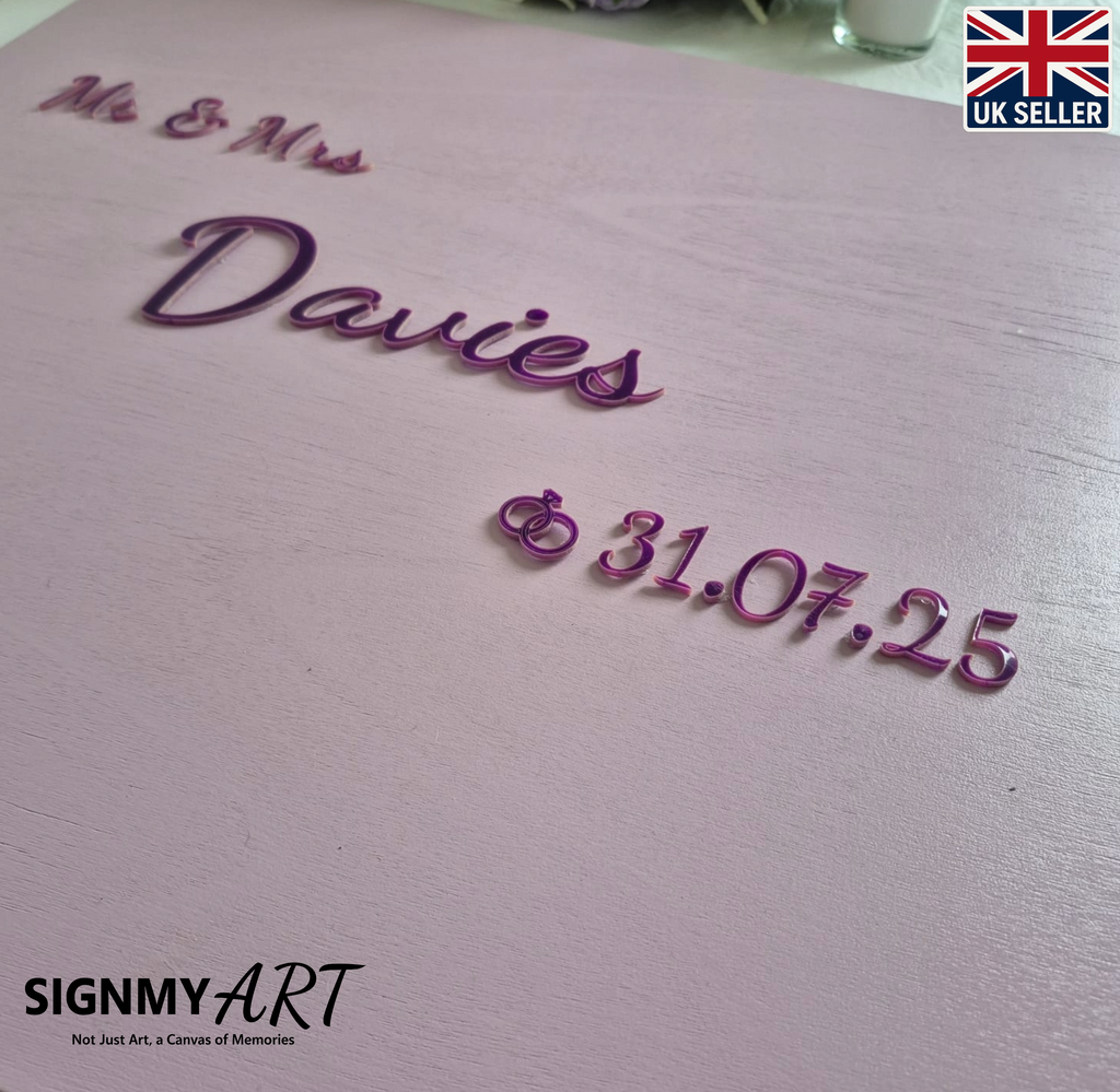 Personalised Wedding Guest Book Sign, Blue, lilac, Pink, Purple Custom Colours to Match Theme, Wooden Guestbook Alternative, Mr & Mrs Surname Wedding Keepsake Decor