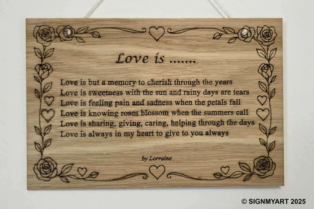 Love is ....... – Original Poem Plaque Oak