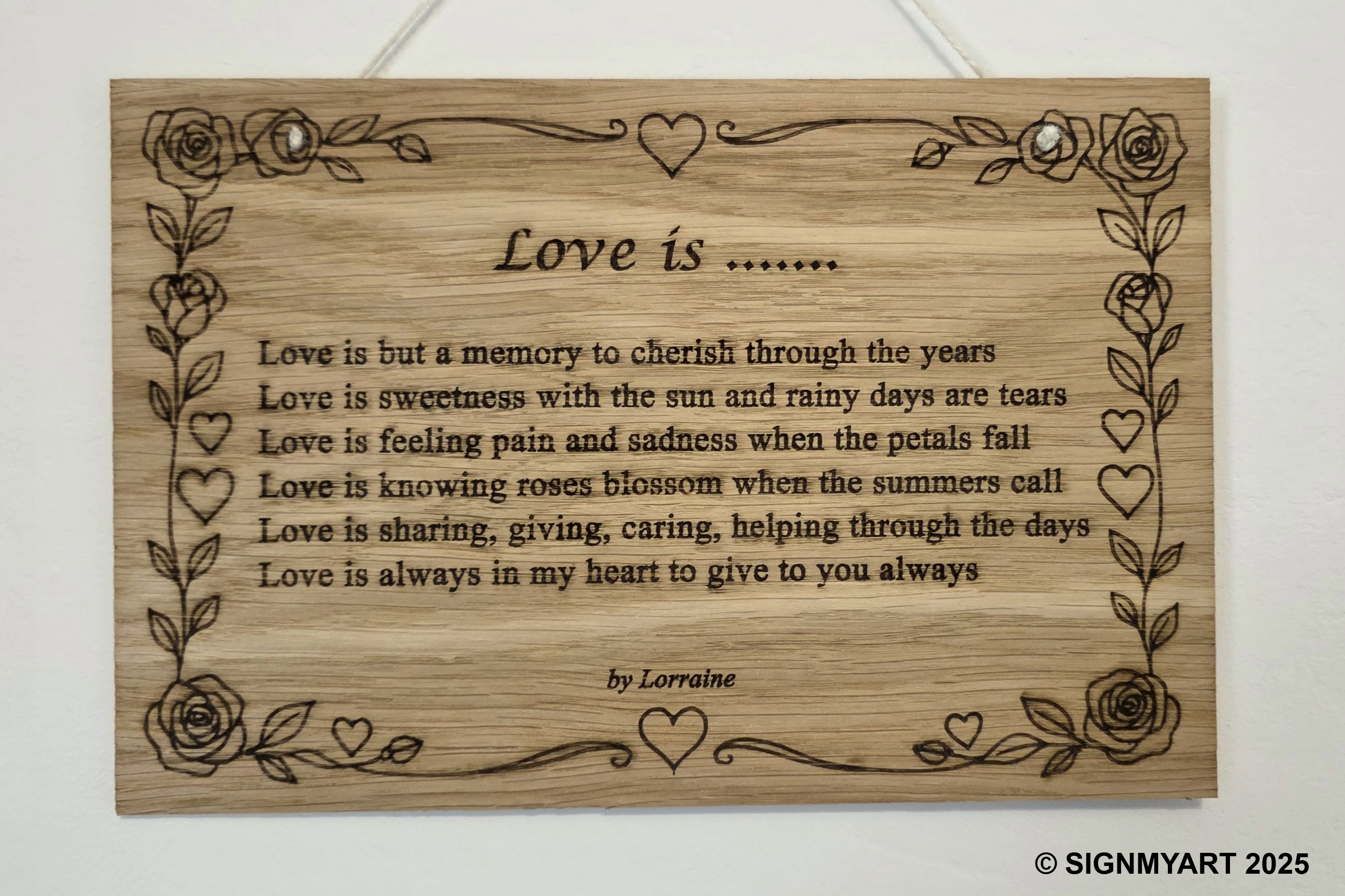 Love is ....... – Original Poem Plaque Oak