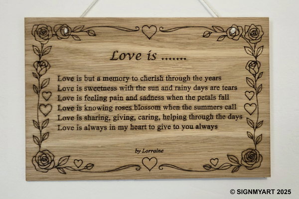 Love is ....... – Original Poem Plaque Oak