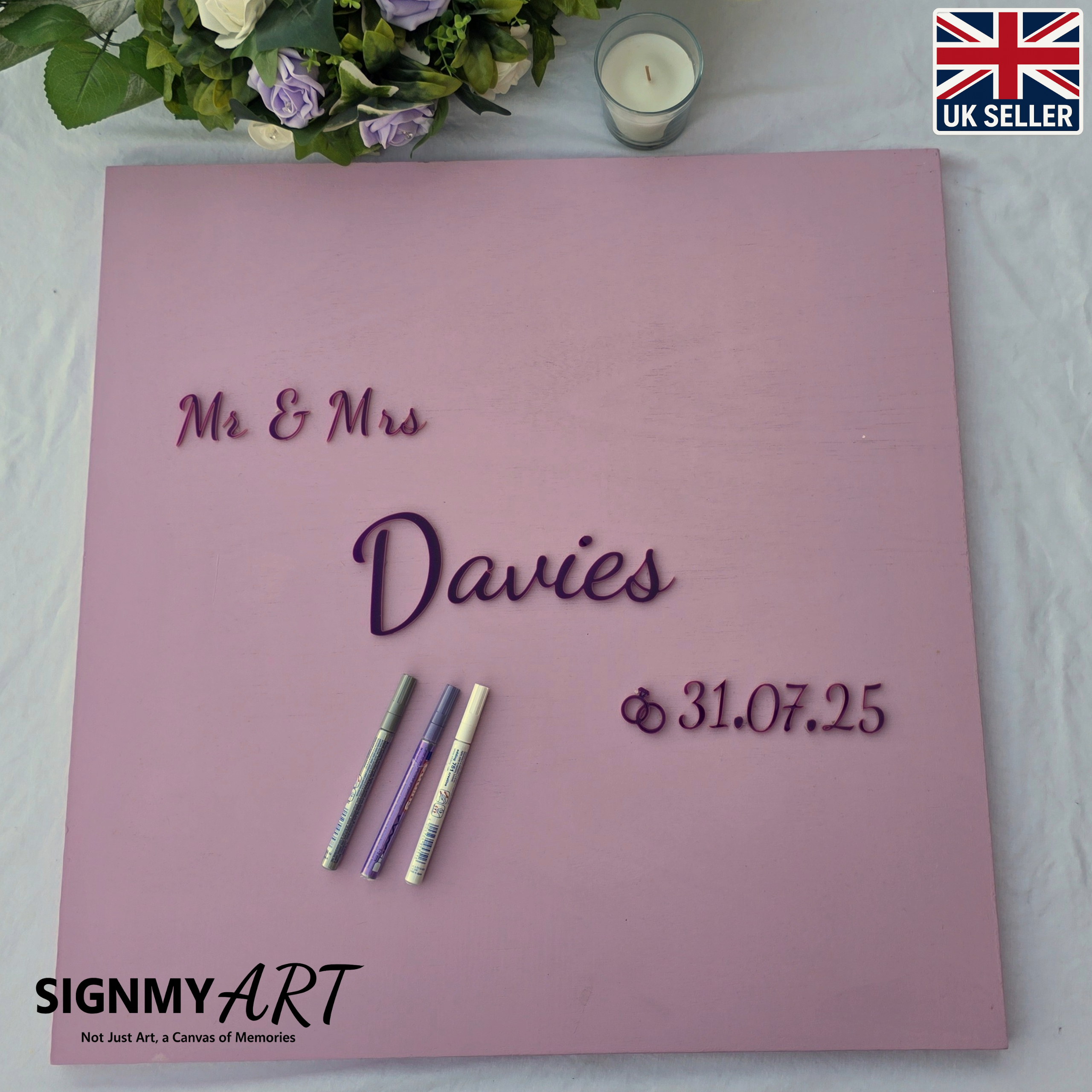 Personalised Wedding Guest Book Sign, Blue, lilac, Pink, Purple Custom Colours to Match Theme, Wooden Guestbook Alternative, Mr & Mrs Surname Wedding Keepsake Decor