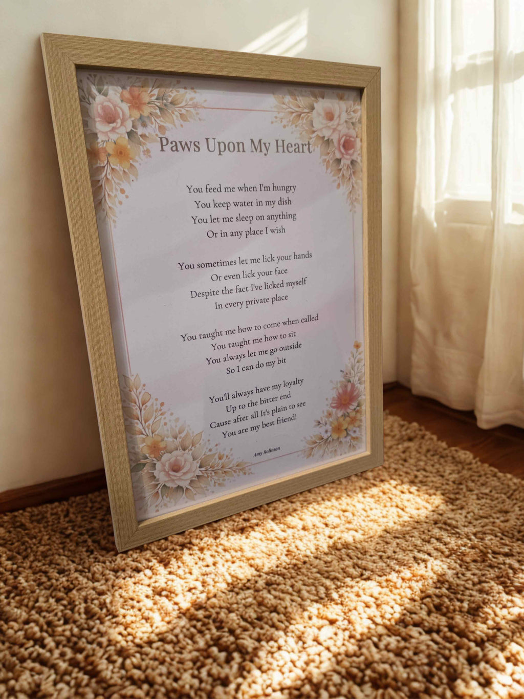Paws Upon My Heart – Exclusive Framed Poem Print (A4, Matte Paper, Oak-Effect Frame)