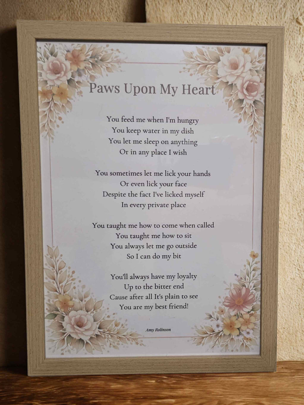 Paws Upon My Heart – Exclusive Framed Poem Print (A4, Matte Paper, Oak-Effect Frame)