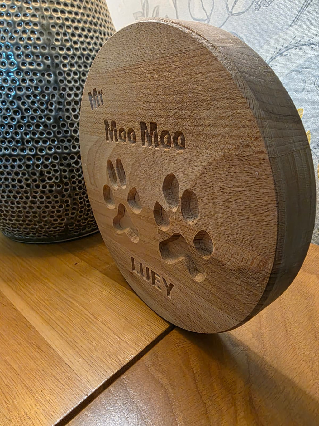 Your Dog’s Actual Paw Print, Deep-Carved in Solid Hardwood